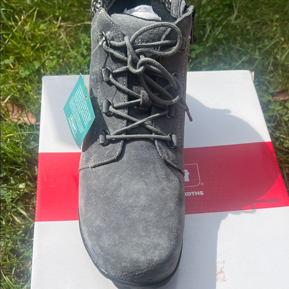 Propet Gray Suede Ankle Boots with Black Accents - Picture 3 of 4